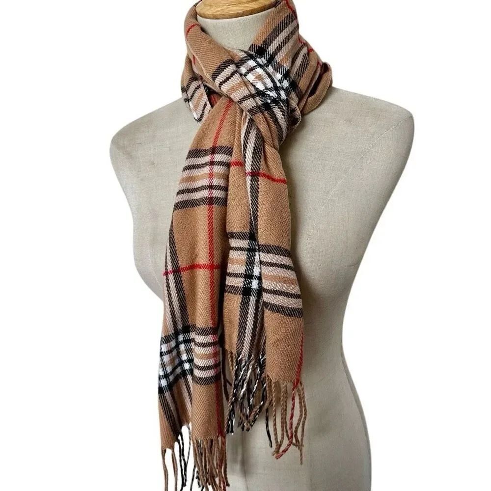 Tan Check Plaid fringe scarf